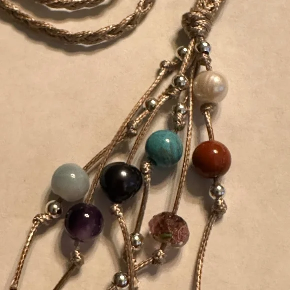 ARTISAN Gemstones and Pearls Braided Tan Cord Tassel Necklace 23 1/2” long - Picture 5 of 14